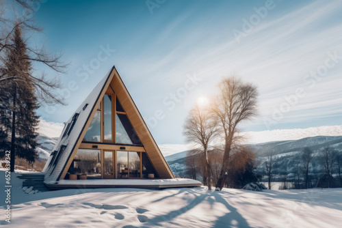 a beautiful A-frame wooden house in the middle of the snowy forest on a brightful day photo