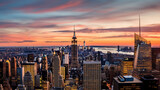 New York City skyline at sunset, showcasing the Empire State Building, Freedom Tower, and the Chrysler Building, warm golden and orange hues, lit windows, high dynamic range