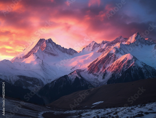 mountain sunset, sun setting below snowy peaks, magenta and teal sky, dramatic shadows