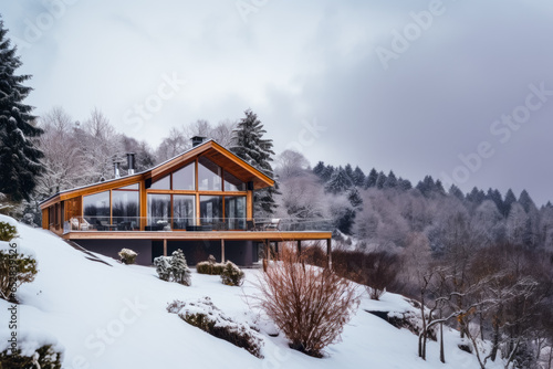 a beautiful large modern wooden house in the middle of the snowy campain on a brightful day photo