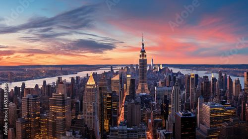 New York City skyline at sunset, showcasing the Empire State Building, Freedom Tower, and the Chrysler Building, warm golden and orange hues, lit windows, high dynamic range © Marco Attano