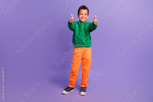 Photo of satisfied optimistic boy wear stylish green clothes two arms thumbs up nice feedback isolated on purple color background