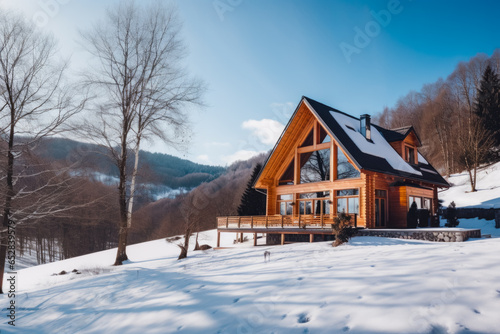 a beautiful large modern wooden house in the middle of the snowy campain on a brightful day