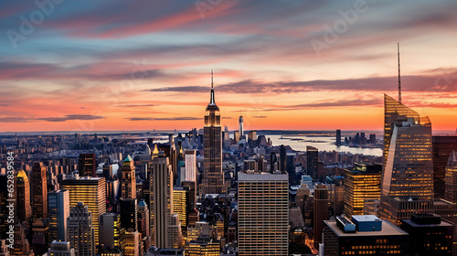New York City skyline at sunset, showcasing the Empire State Building, Freedom Tower, and the Chrysler Building, warm golden and orange hues, lit windows, high dynamic range