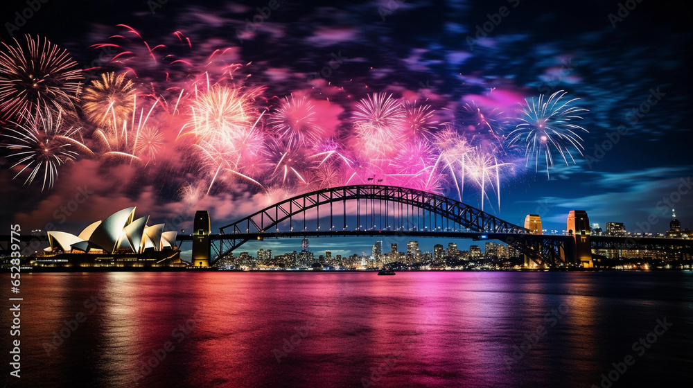Naklejka premium Sydney skyline featuring the Opera House and Harbour Bridge, vibrant fireworks during New Year’s Eve, high contrast, rich colors