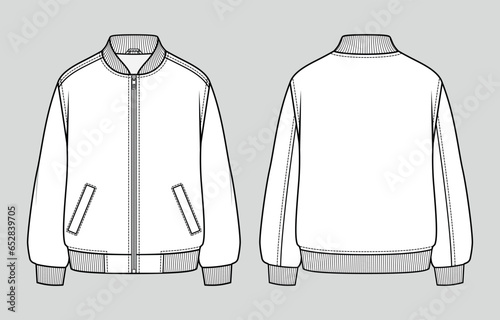 Oversized fit basic bomber jacket. Men's casual clothing. Vector technical sketch. Mockup template.
