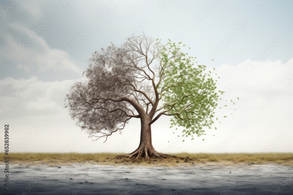 Generative AI. The concept problem of global warming. Pic showing effects of dry land on changing environment. Big old trees live and die. Branches with leaves on one side and dry on the other. Generative AI. The concept problem of global warming. Pic showing effects of dry land on changing environment. Big old trees live and die. Branches with leaves on one side and dry on the other.
