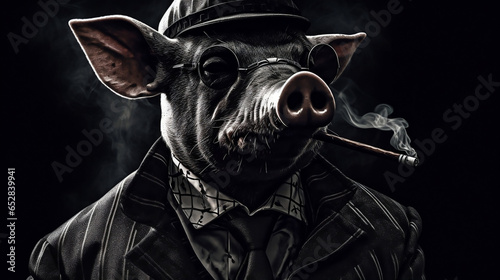 Pig mafia boss, tuxedo and cigar. Generative AI 
