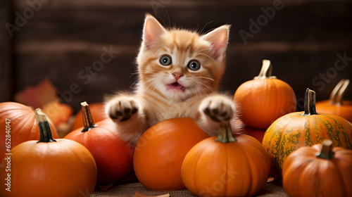Funny ginger kitten sitting among small pumpkins