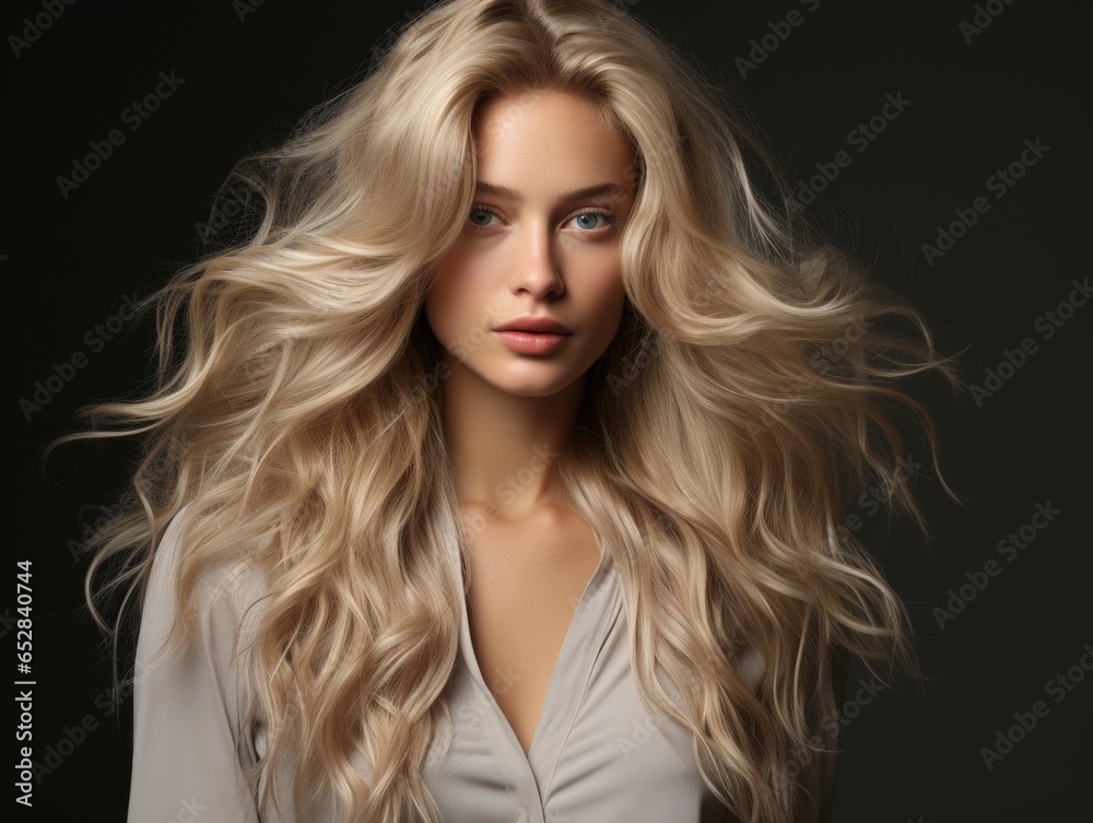 Beautiful young woman with long blonde hair and natural make-up. Fashion portrait of young beautiful woman with long blond hair on black background