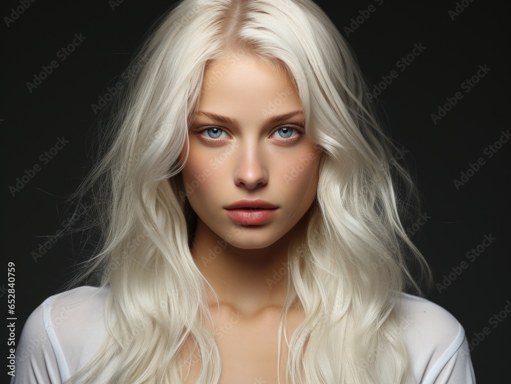 Beautiful young woman with long blonde hair and natural make-up. Fashion portrait of young beautiful woman with long blond hair on black background Beautiful young woman with long blonde hair and natural make-up. Fashion portrait of young beautiful woman with long blond hair on black background