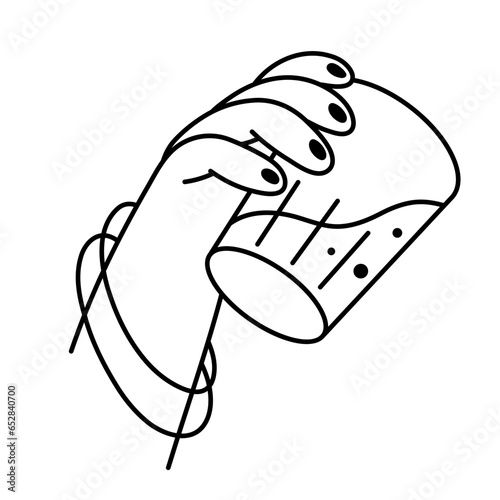 Female hand with a glass of alcoholic drink. Alcohol abuse addiction illustration. Mental health problems. Hand drawn line icon.