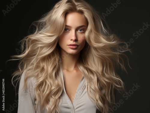 Beautiful young woman with long blonde hair and natural make-up. Fashion portrait of young beautiful woman with long blond hair on black background