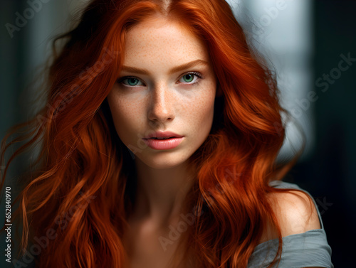 Red haired lady looking straight into the cemra with focused eyes