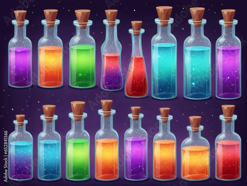 Set Of Colorful Glass Bottles With Different Liquids