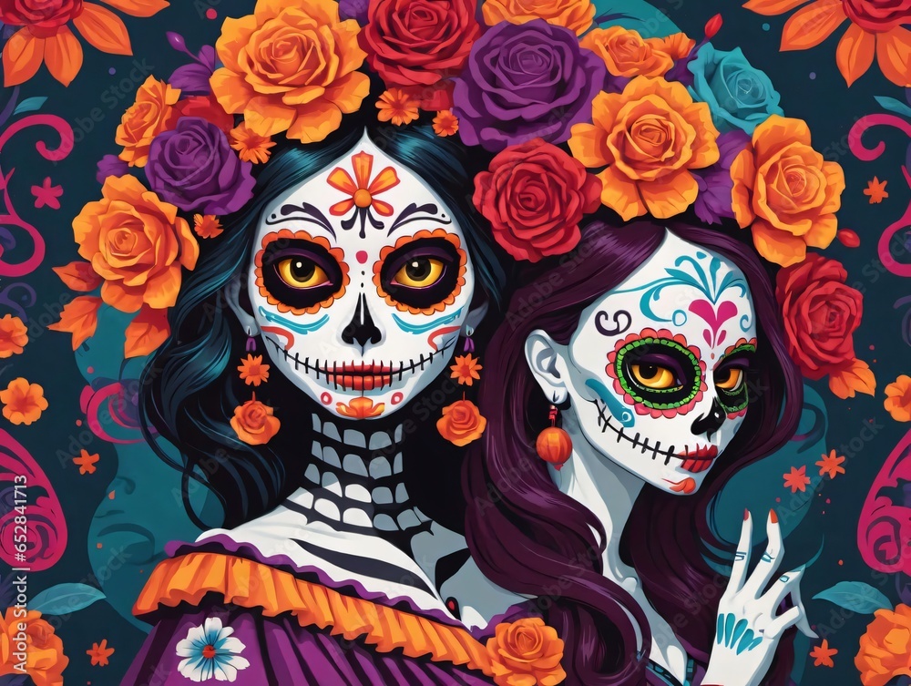 Two Women In Day Of The Dead Makeups With Roses Two Women In Day Of The Dead Makeups With Roses
