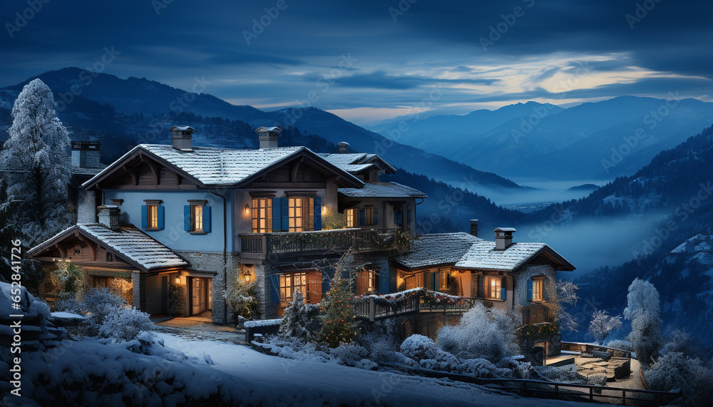 Snow covered mountain range, illuminated by the dusk, an idyllic winter landscape generated by AI