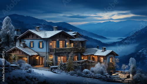 Snow covered mountain range, illuminated by the dusk, an idyllic winter landscape generated by AI © grgroup