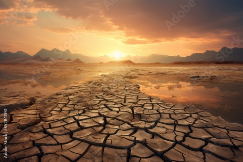 Concept of the problem of global warming. Pic showing the effects of dry land on the changing environment. Generative AI. The bottom of a dried-up pond is a close-up view of cracked earth and clay.