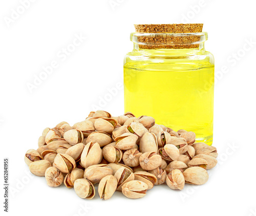 pistachio nut oil in bottle isolated on white background
