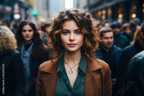 Portrait of a beautiful young woman with curly hair, against the background of the crowd.
