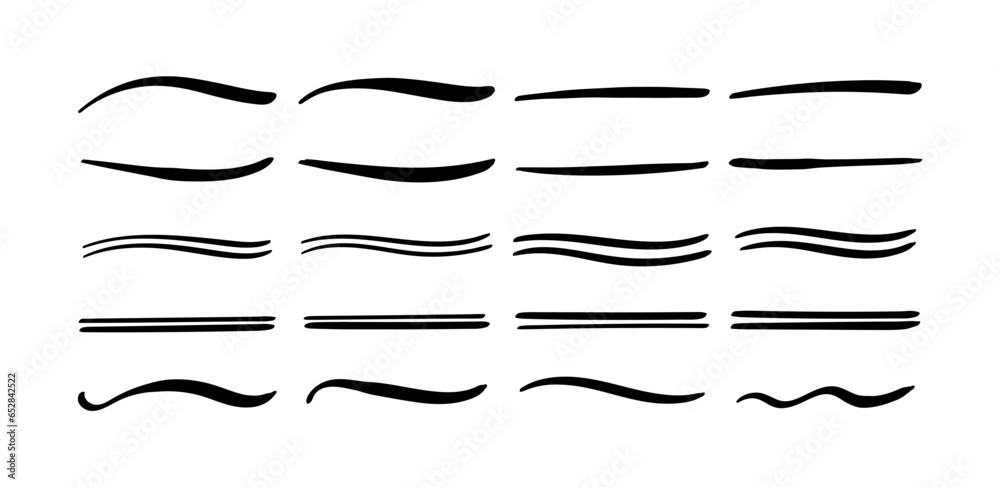 Swoosh and swoops double underline typography tails shapes. Brush drawn thick curved smears. Hand drawn collection of curly swishes, swashes, squiggles. Vector calligraphy doodle swirls. - obrazy, fototapety, plakaty 