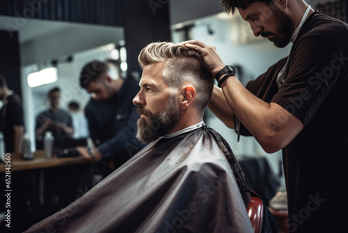 Barber serving a stylish bearded client in a retro barbershop