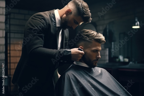 Barber serving a stylish bearded client in a retro barbershop photo