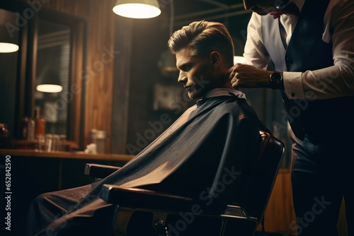 Barber serving a stylish bearded client in a retro barbershop photo