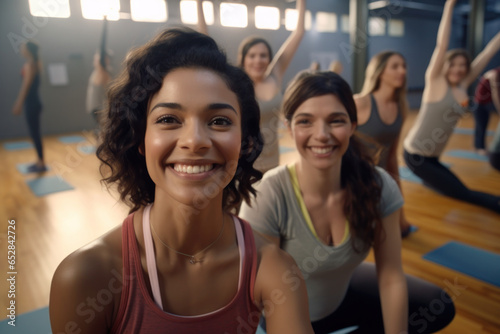 Joyful Yoga Selfie: Cheerful Female Friends Capture a Happy Moment Together in Their Yoga Class, Celebrating Friendship and Wellness..