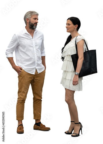 Handsome man and an elegant woman standing and talking isolated on white background
