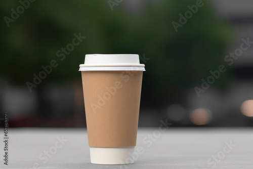Coffee Paper Cup Mockup: Blank Coffee Paper Mug Cover Presented Against a City Background, Perfect for Creative Branding and Marketing Display..