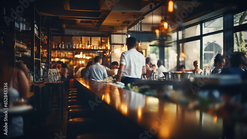 Blurred restaurant background with some people and chefs and waiters working. © Art.disini