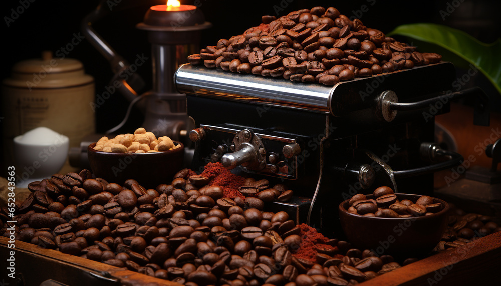 Freshly ground coffee beans, aroma fills the air in the coffee generated by AI Freshly ground coffee beans, aroma fills the air in the coffee generated by AI