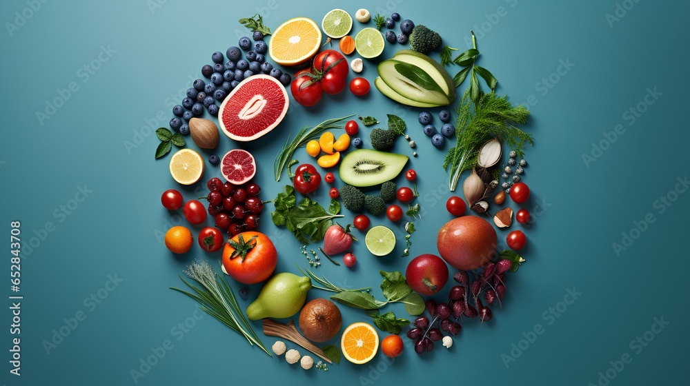 Concept of a healthy lifestyle, wellness and nutrition. It features a vibrant composition of various berries, fruits, and vegetables, beautifully arranged and isolated on a clean, neutral background.