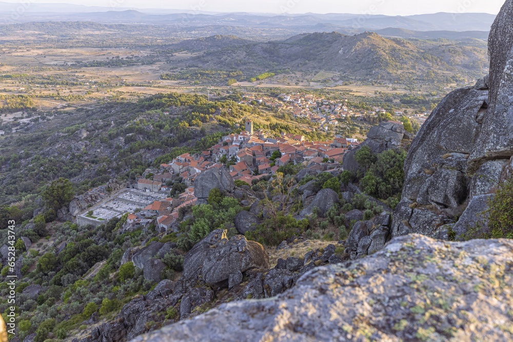 View over deserted historic town of Monsant in Portugal during sunrise