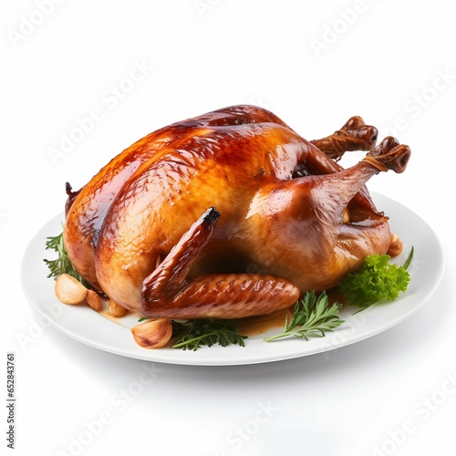 roasted turkey chicken on a white plate isolated