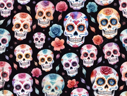 Watercolor Skulls And Roses Seamless Fabric