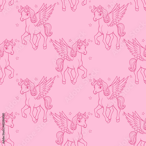 Cute Pony with Wings Magical seamless pattern.Pink illustration
