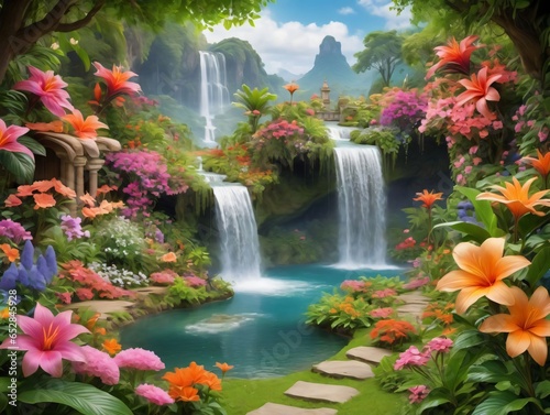 A Beautiful Tropical Landscape With Flowers And Waterfalls
