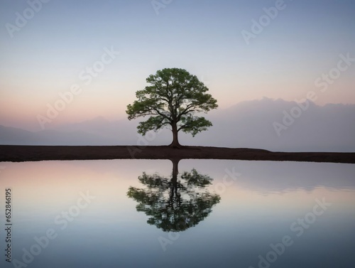 A Lone Tree Reflected In A Lake At Sunset © Pixel Matrix