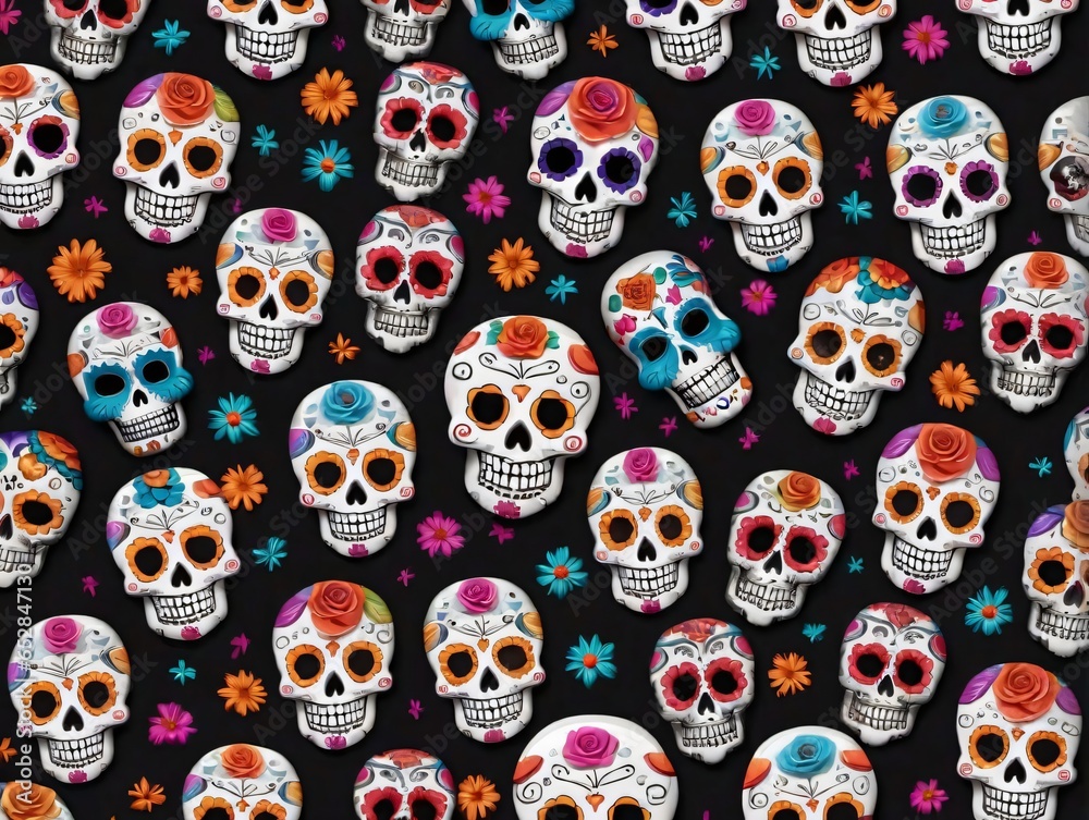 A Lot Of Sugar Skulls With Colorful Flowers And Skulls