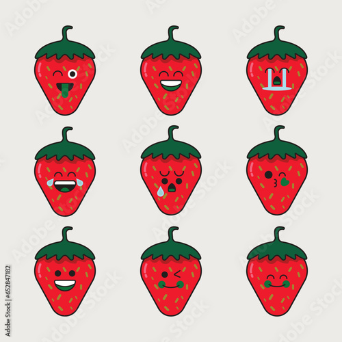 Strawberry cartoon characters various expressions icons set.