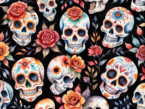 Watercolor Skull Seamless Pattern © Pixel Matrix