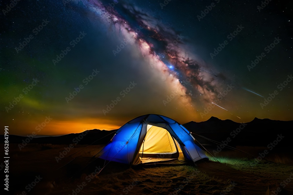 Camping in the mountains under the stars. A tent pitched up and glowing under the milky way. Photo composite.