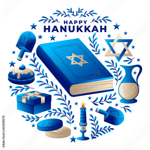Happy hanukkah jewish holiday illustration with traditional symbols