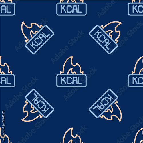 Line Kcal icon isolated on isolated seamless pattern on blue background. Health food. Vector