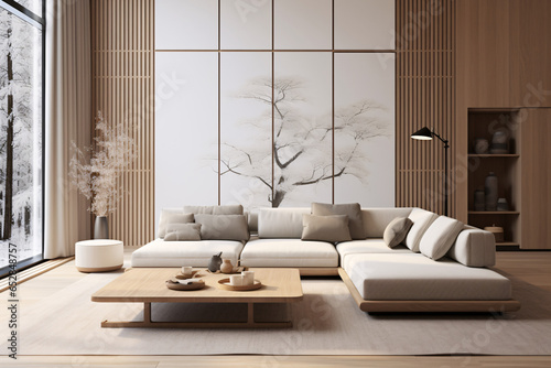 Japandi interior design for a modern living room featuring an elegant sofa, framed artwork, a table, and wall