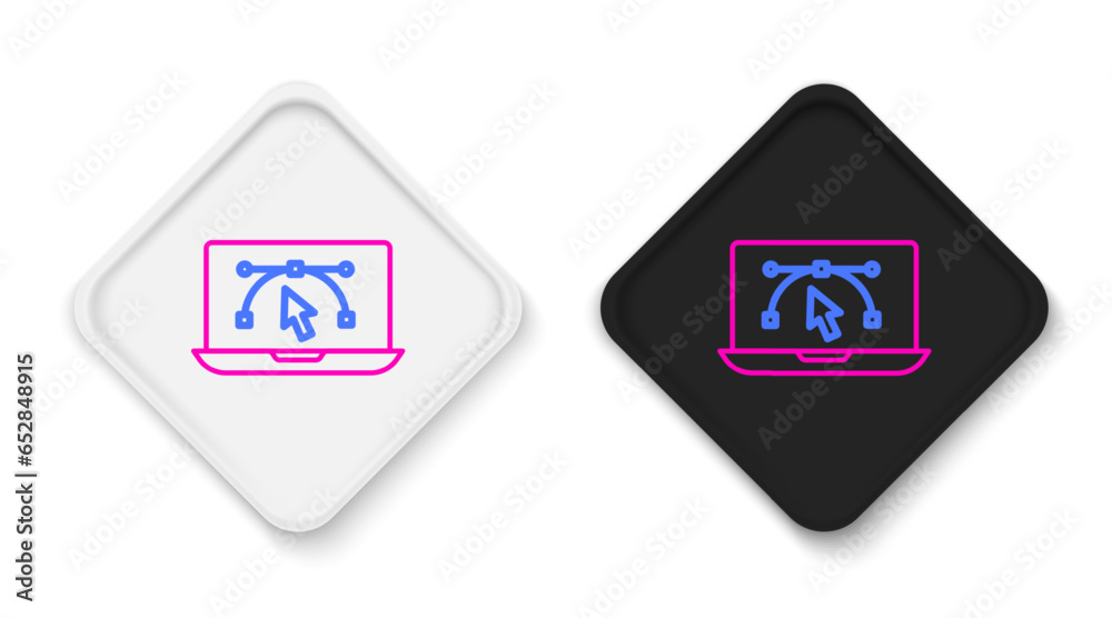 Line Computer display with vector design program icon isolated on isolated on white background. Photo editor software with user interface. Colorful outline concept. Vector Line Computer display with vector design program icon isolated on isolated on white background. Photo editor software with user interface. Colorful outline concept. Vector