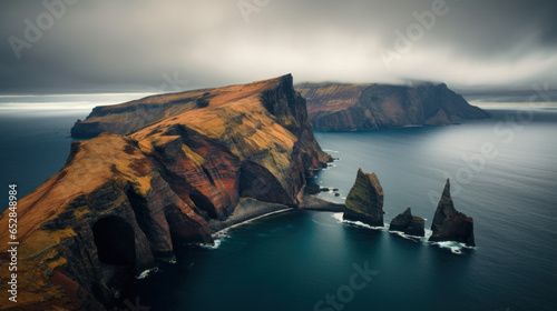 cote escarpée et sauvage, région nordique hostile et froide, volcanique, composée de falaises et de récifs, ciel couvert et orageux photo